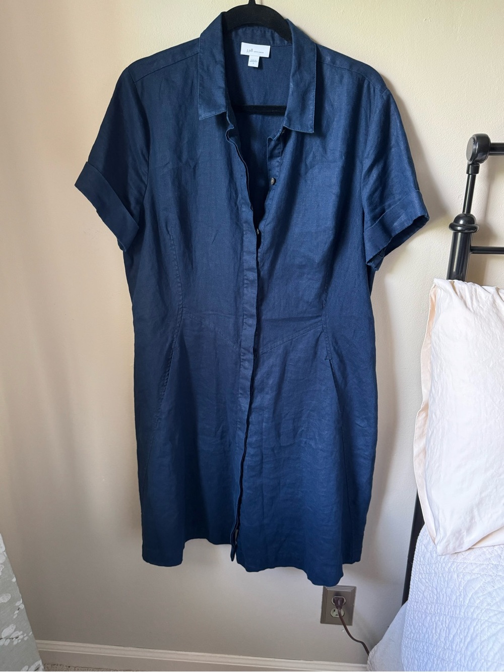 J. Jill Navy Linen Short-Sleeve Midi Shirt Dress